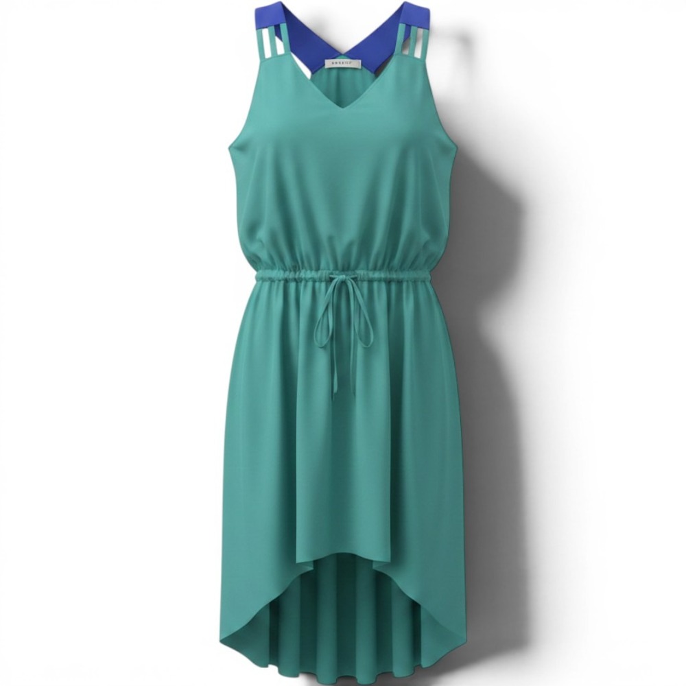 Mason Silk Dress Teal Sleeveless High Low Hem Drawstring Waist Boho Resort Chic